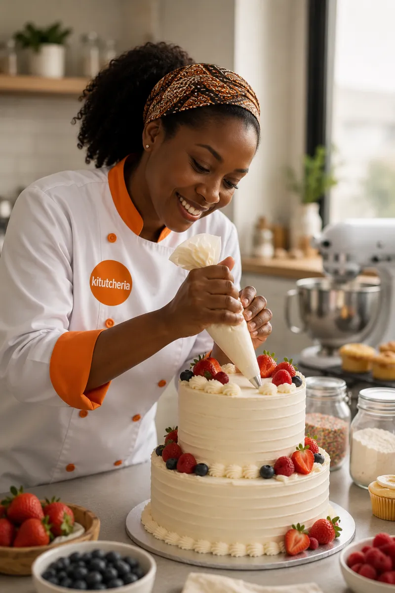 Taasty Cakes baker decorating a tiered cake