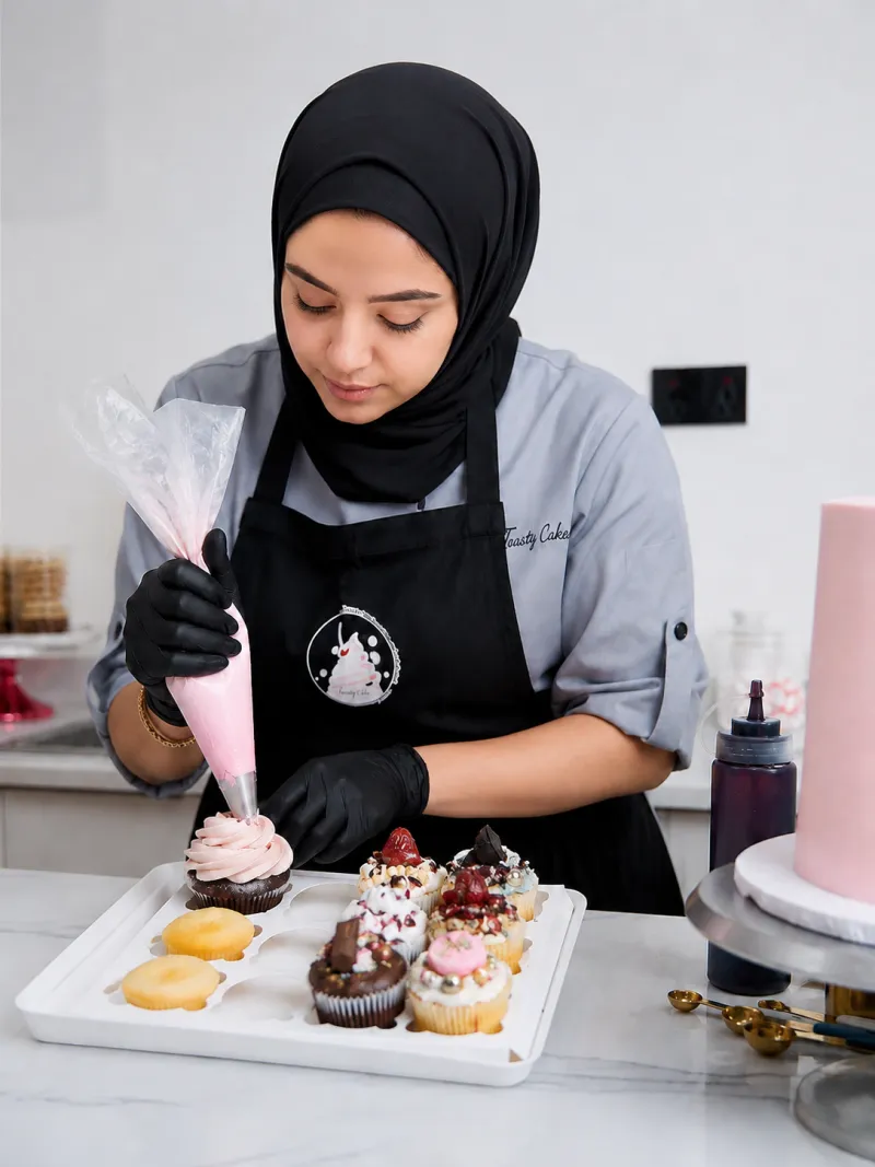 Taasty Cakes baker decorating cupcakes in her workshop