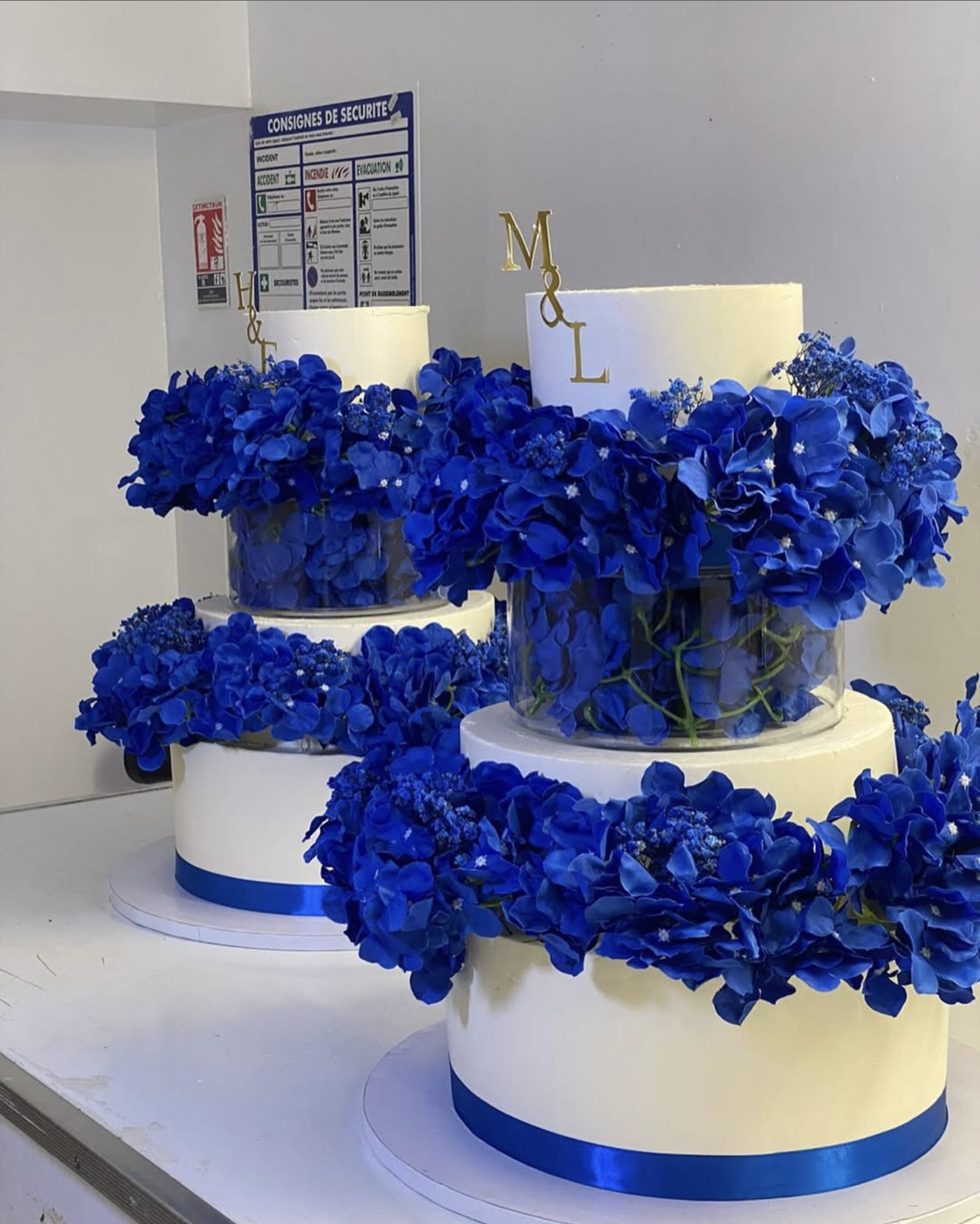 Gâteau de mariage bleu fleuri | Taasty Cakes Gâteau de mariage bleu fleuri — Une élégante pièce montée blanche sublimée par de généreuses fleurs bleues, des rubans satinés et des initiales personna | Taasty Cakes